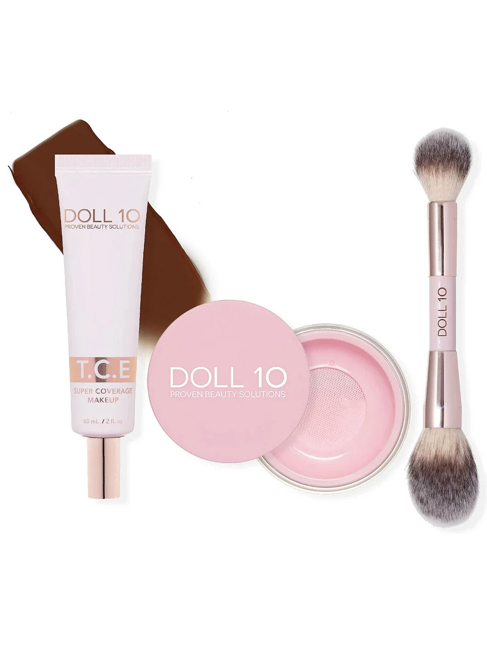 Doll 10 Super-Size TCE Foundation, Pink Powder,and Brush 3pc Set